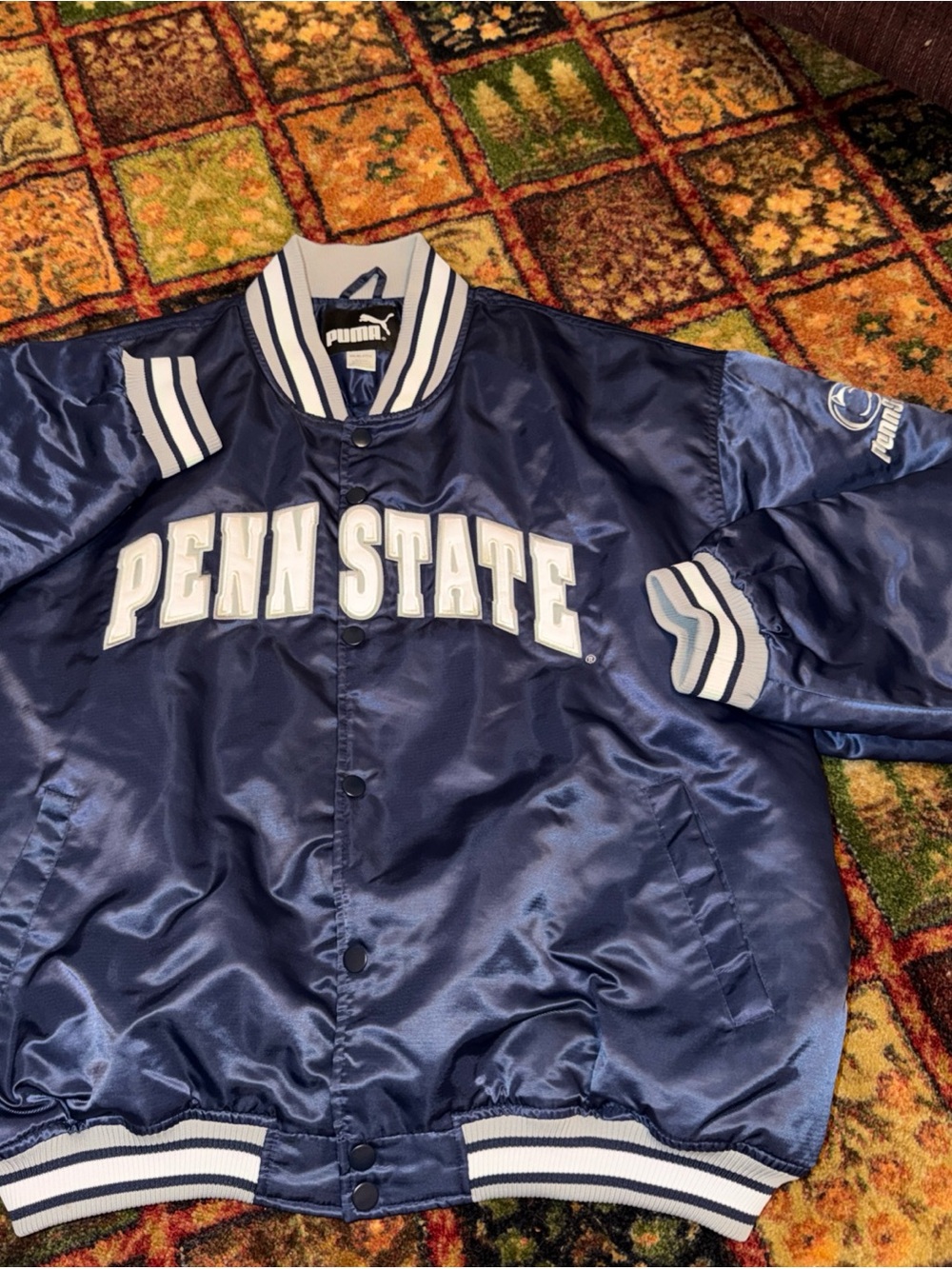 Puma Navy and White Penn State Satin Bomber Jacket